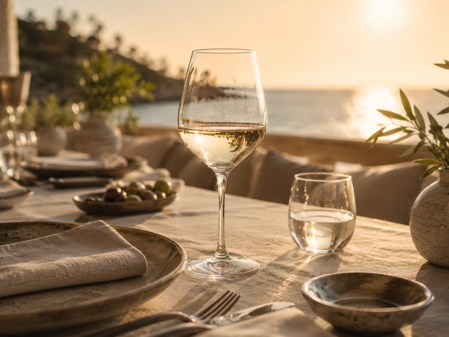 Copa al atardecer en una mesa mediterránea de Restaurante Maréa