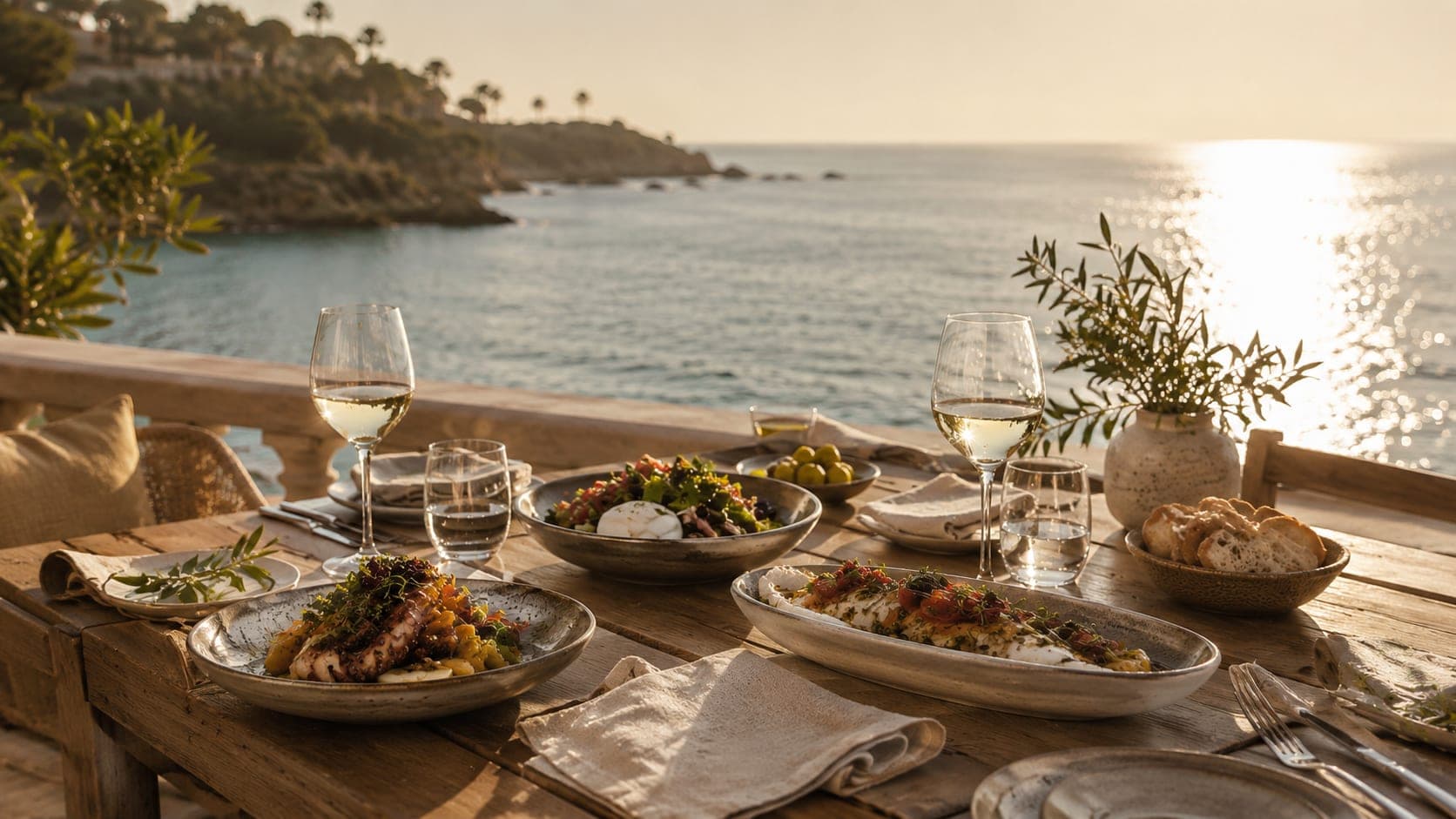 Mesa mediterránea de Restaurante Maréa con platos frescos y ambiente cálido