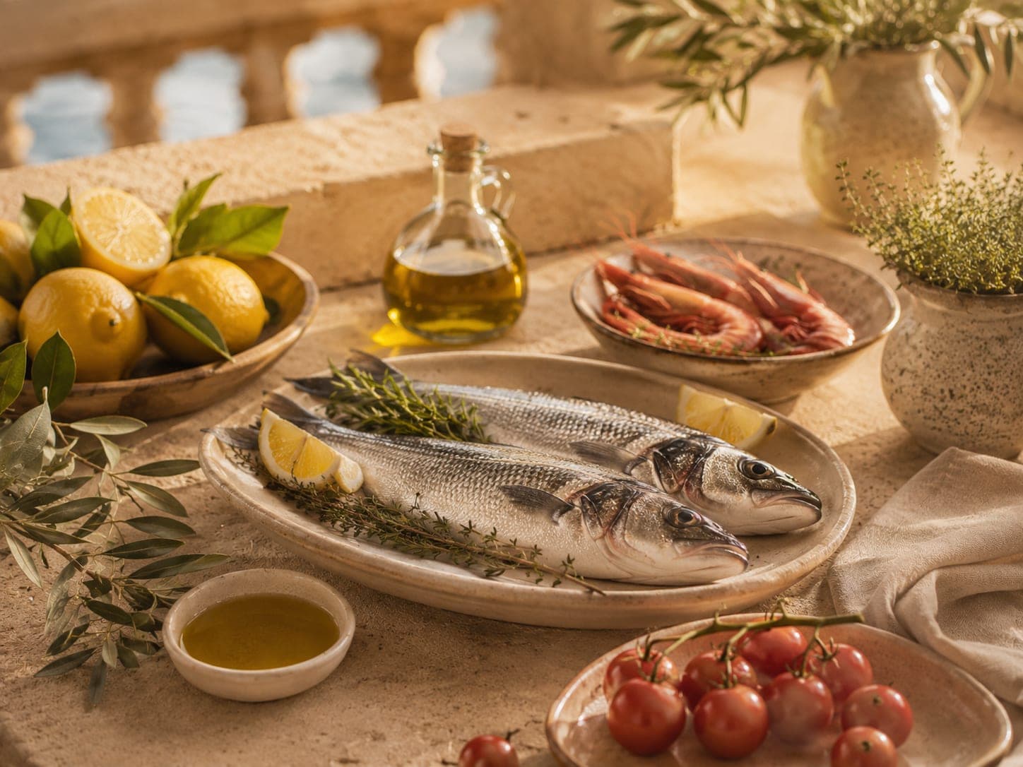 Producto fresco mediterráneo con verduras y cítricos de temporada